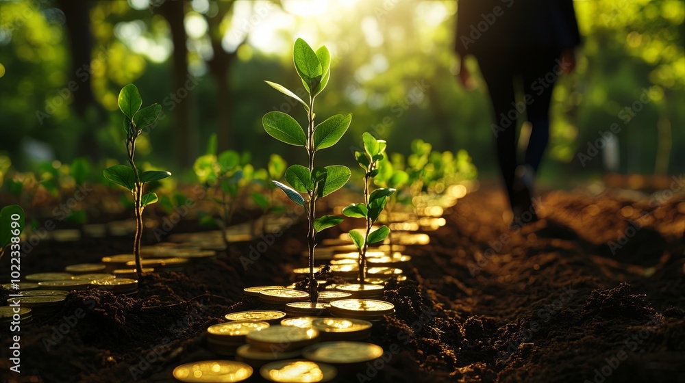 Wall mural growing wealth: seedlings and coins in a sunlit garden