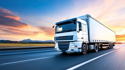 Cargo Truck on Highway at Sunset with Scenic Sky and Open Road