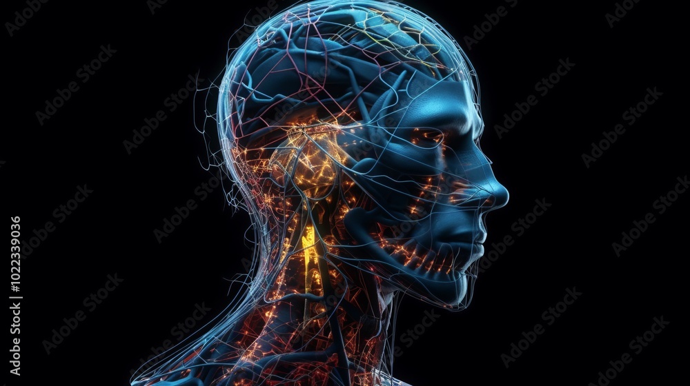 Poster a close up of a brain with many wires and lines