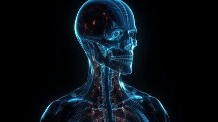 A close up of a human skull with a blue background