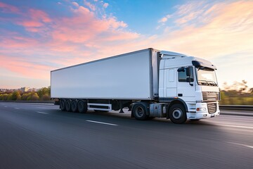 Cargo Truck on Highway at Sunset with Scenic Sky and Open Road