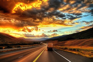 Naklejka premium Cargo Truck on Highway at Sunset with Scenic Sky and Open Road