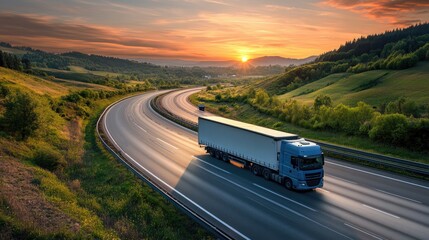 Cargo Truck on Highway at Sunset with Scenic Sky and Open Road