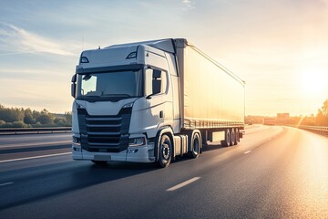 Cargo Truck on Highway at Sunset with Scenic Sky and Open Road