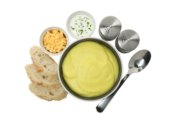 PNG,Cheese soup in a bowl with croutons, isolated on white background