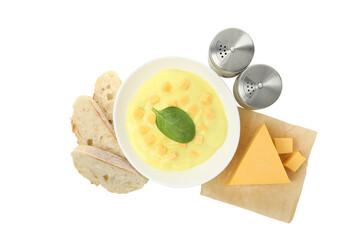 PNG,Cheese soup in a bowl with croutons, isolated on white background