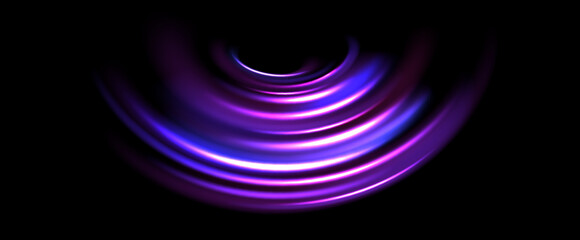 Glowing neon light trail background. Bright purple speed lines. Magic luminous curved swirl concept. Abstract spiral dynamic rotating stripes. Bright spinning streaks for poster, banner, flyer. Vector