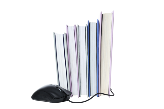 PNG of a book with a computer mouse isolated on a white background.