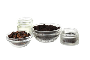 PNG, coffee body scrub, in transparent container, isolated on white background.
