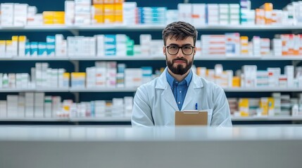 Modern pharmacy with clear counter, pharmacist behind with prescription pad, patient in the foreground, streamlined healthcare service
