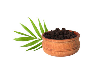 PNG, coffee body scrub, in a wooden plate, isolated on white background.