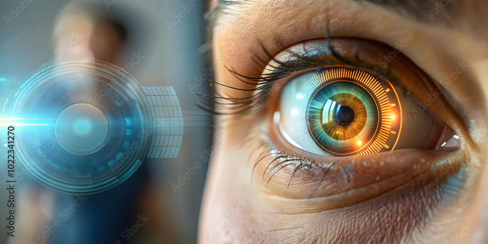 Poster close up of eye with holographic virtual fitness display reflecting workout stats - macro image capt
