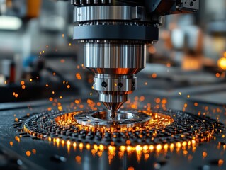 high-tech cnc milling machine at work, featuring intricate metalworking processes in a well-lit workshop, showcasing the precision of modern manufacturing technology