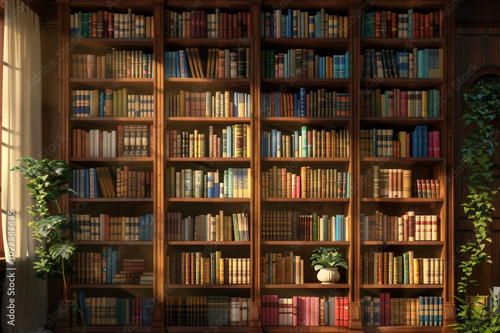 Poster sunlight streams through the window, illuminating wooden shelves stacked high with textbooks and aca