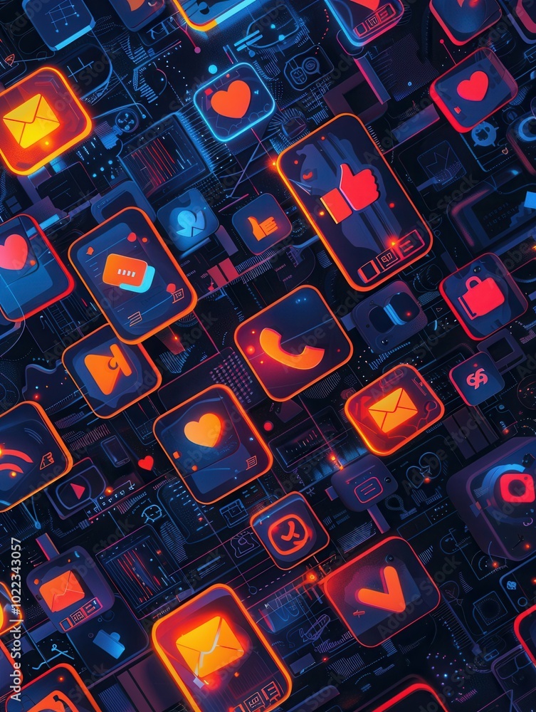 Poster multiple smartphone screens are illuminated with like and comment icons, showcasing a colorful digit