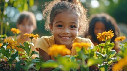 Kindergarten students learning how to plant flowers in an outdoor garden