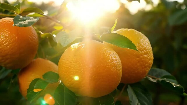 Sunlight filters branches ofripe orange tree inlush grove creatingvibrant food background celebrates citrus agriculture stunning 4K resolution lens flare point of view branch bright citrous climate