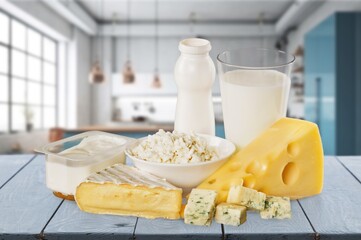 Fresh dairy products on kitchen table