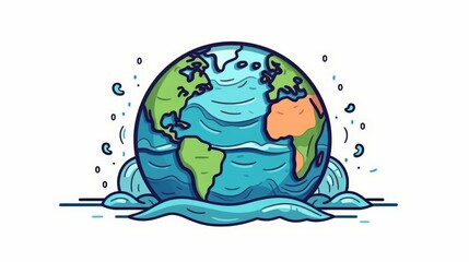 A cartoon drawing of a blue and green Earth with a wave crashing over it