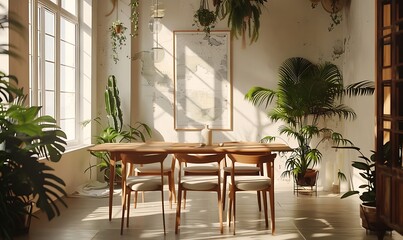 Fototapeta premium Interior of modern dining room with green walls, wooden floor and green plants