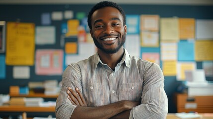 Obraz premium Smiling teacher in a well-organized classroom full of educational posters