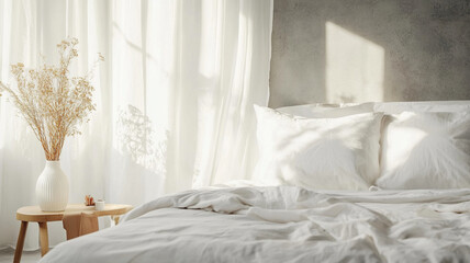 serene minimalist luxury bedroom featuring close up of neatly made bed with premium white bedding, complemented by soft natural light filtering through sheer curtains. elegant decor includes vase