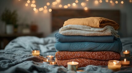 Cozy spa room with stack of fresh towels on a table, ready for a relaxing massage and aromatherapy treatment