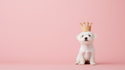 Adorable happy white puppy wearing crown on pink background