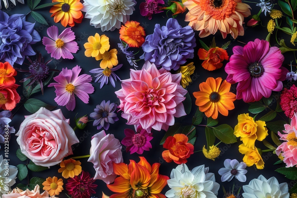 Wall mural Brightly colored flowers bloom in various shapes and sizes, arranged beautifully on a dark background, evoking a lively and cheerful atmosphere. Generative AI