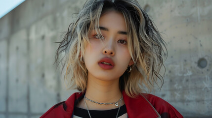 金髪の日本人の女性のファッションモデル