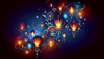 Vibrant Flat Vector Digital Artwork of Glowing Diwali Lanterns Amidst Abstract Swirling Lights Representing Joyous Family Gatherings.