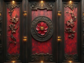 intricate mahogany wood panel with ornate carvings, displaying rich textures and deep hues, creating a dramatic and luxurious ambiance, illuminated by soft, ambient lighting that enhances the details