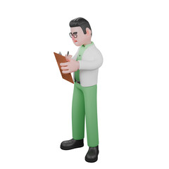 3D Male Field Expert. A male biologist stands while writing on a clipboard he is holding. Illustrated Biological Science Character