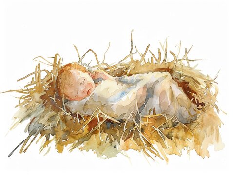 recommend clip art: Watercolor clipart of the baby Jesus in a manger surrounded by soft hay