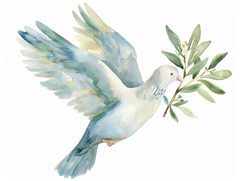 Watercolor illustration of a small dove holding an olive branch clipart