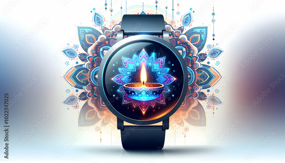 Poster futuristic flat glossy smartwatch with holographic diwali diya and mandala design on white backgroun