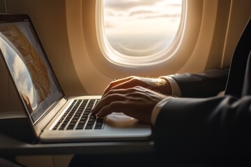 Close-up of a businessman using a laptop while seated by the window of an aircraft during a flight at sunset