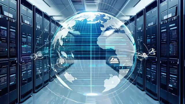 digital earth hologram network icons connections moves through futuristic data center room illustrating concept global technology animation server computer computing
