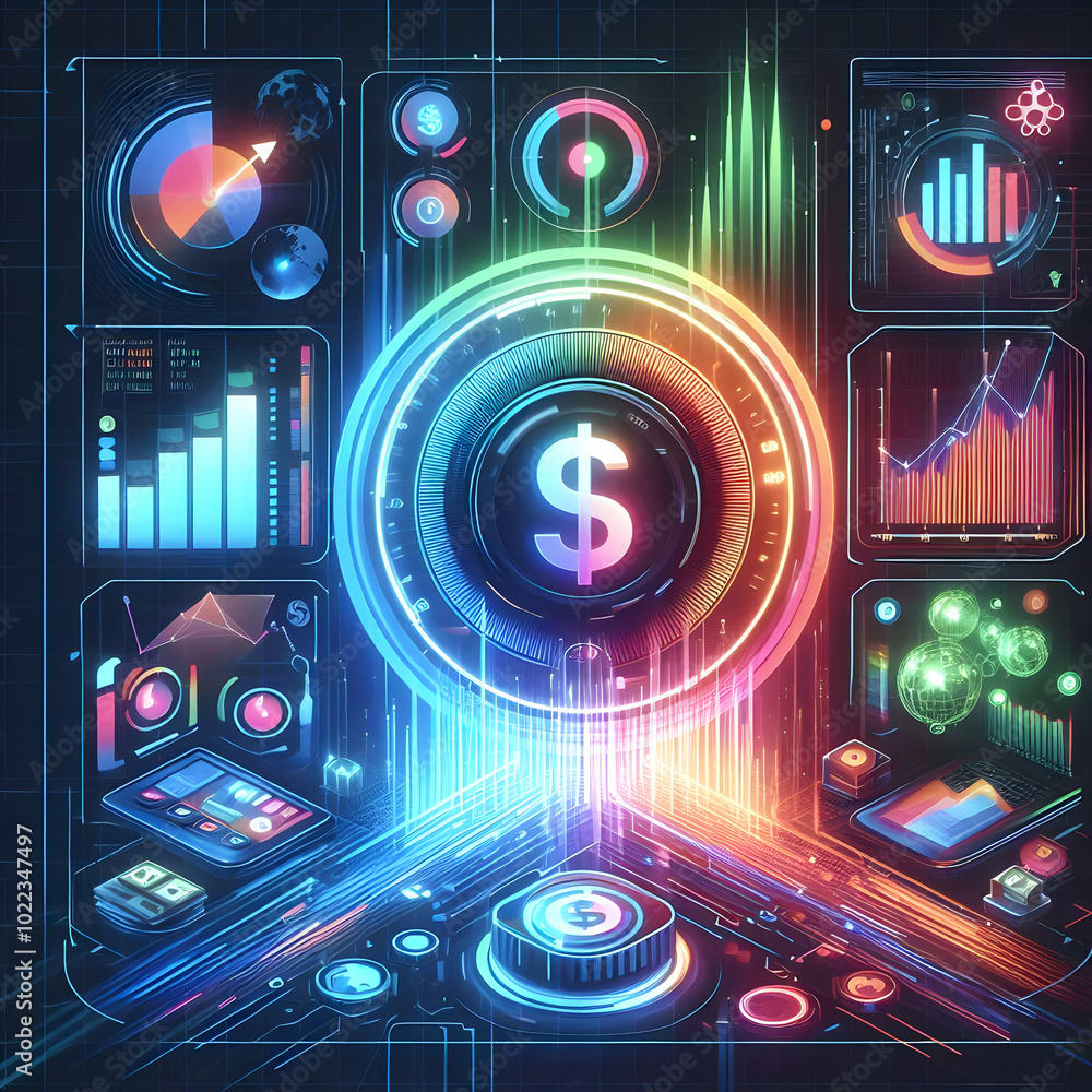 Aufkleber dynamic flat glowing financial dashboard with fluctuating data streams: a simple vector illustration