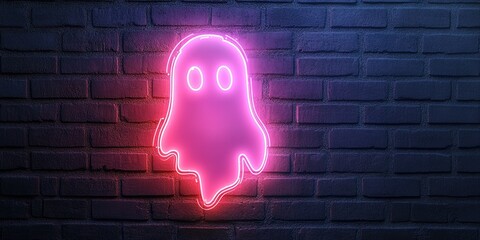 a ghost shaped neon sign on brick wall