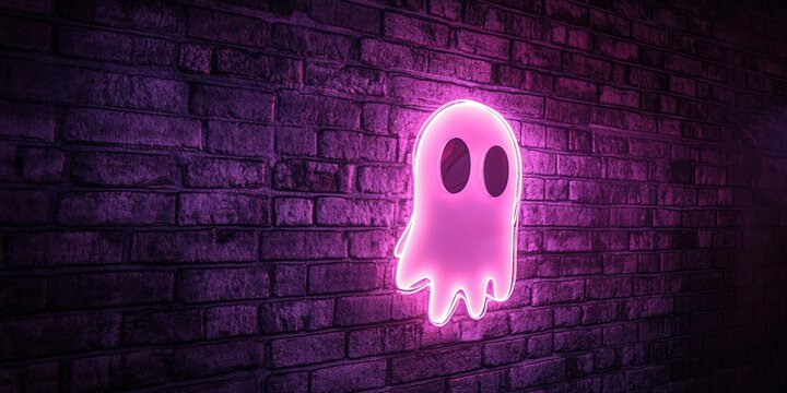 a ghost shaped neon sign on brick wall - Powered by Adobe