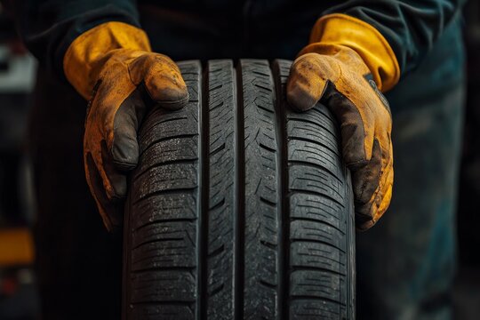 Close-up of mechanic hands gripping a new car tire at an auto shop for winter-summer tire replacement