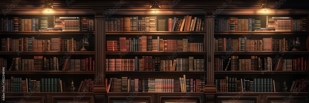 Poster wooden shelves are filled with a vast collection of textbooks and academic literature, illuminated b