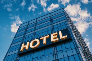 Modern luxury hotel building with a prominent hotel sign against a clear blue sky in an urban business district