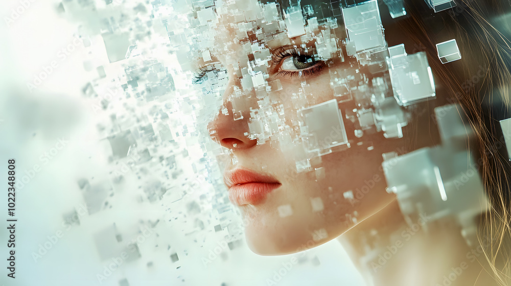 Poster ethereal portrait with digital fragmentation effect