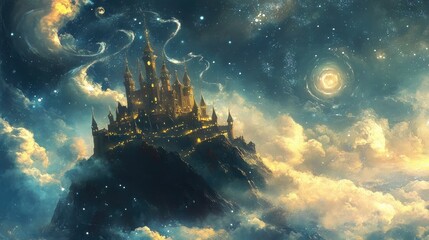 A Majestic Castle Perched High Above the Clouds with a Starry Night Sky