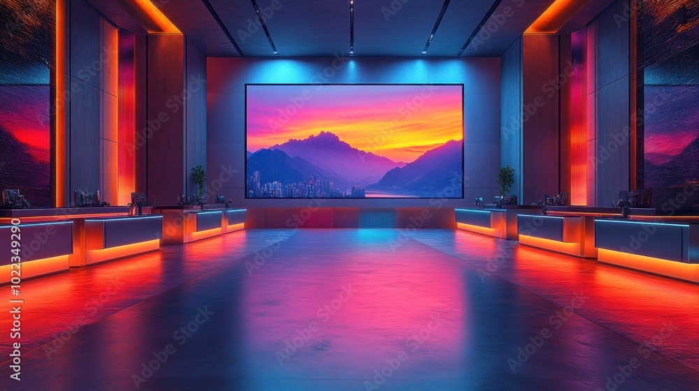Poster a modern room with a large screen displaying a vibrant landscape.