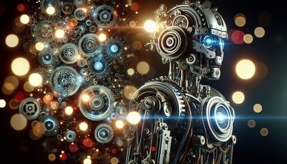 An intricate mechanical being bathed in a constellation of soft lights, embodying the fusion of technology and artistry.
