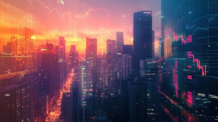 Forex chart on cityscape with skyscrapers wallpaper multi exposure. Financial research concept