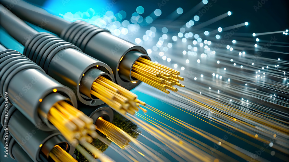 Aufkleber macro shot of fiber optic cables transmitting light pulses - high-speed data transfer concept in clo